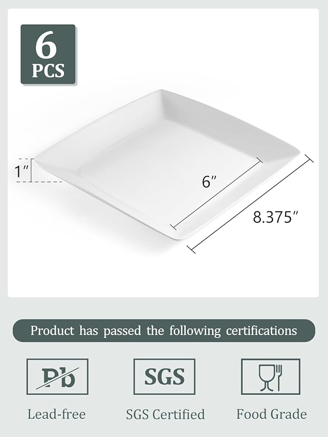 Square Porcelain Plates, 8.4 Inch Square Dinner Plates for Steak, Pasta, Salad, Snacks, Desserts, Appetizers, Set of 6, White