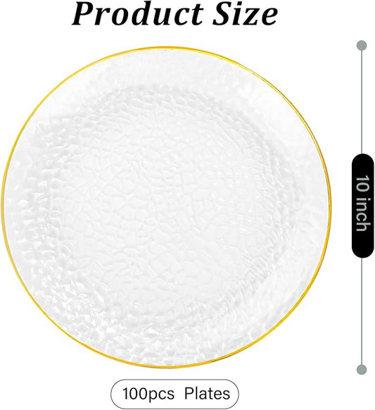100 Piece Gold Plastic Plates - 10 Inch Clear Gold Dinner Plates - Hammered Design - Beautiful Disposable Plates - Heavy Duty Party Plates, Perfect for Weddings