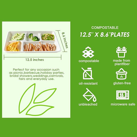 100% Compostable 5-Compartment Paper Plates, 100 Count, 12.5 x 8.6 Inch Disposable School Lunch Trays, Eco-Friendly Bagasse Plates for Buffets and Parties