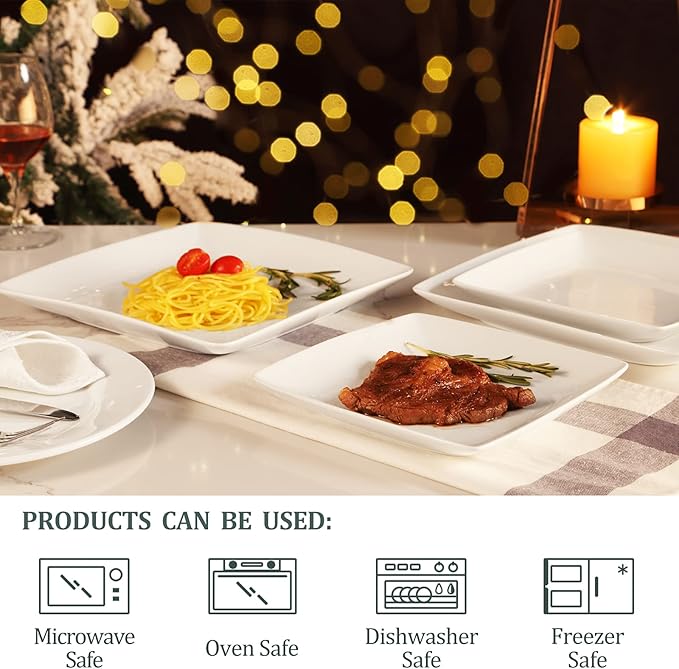 Square Porcelain Plates, 8.4 Inch Square Dinner Plates for Steak, Pasta, Salad, Snacks, Desserts, Appetizers, Set of 6, White