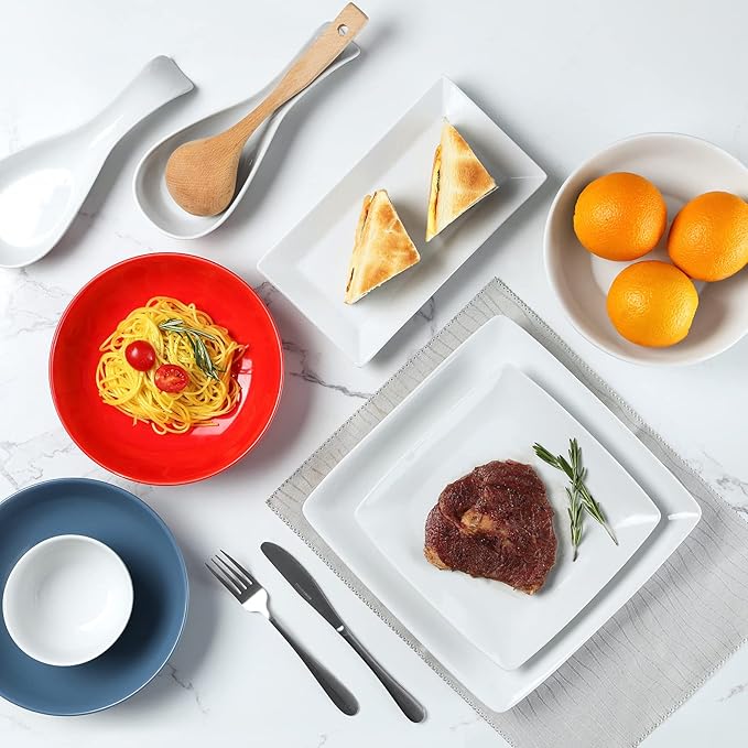 Square Porcelain Plates, 8.4 Inch Square Dinner Plates for Steak, Pasta, Salad, Snacks, Desserts, Appetizers, Set of 6, White