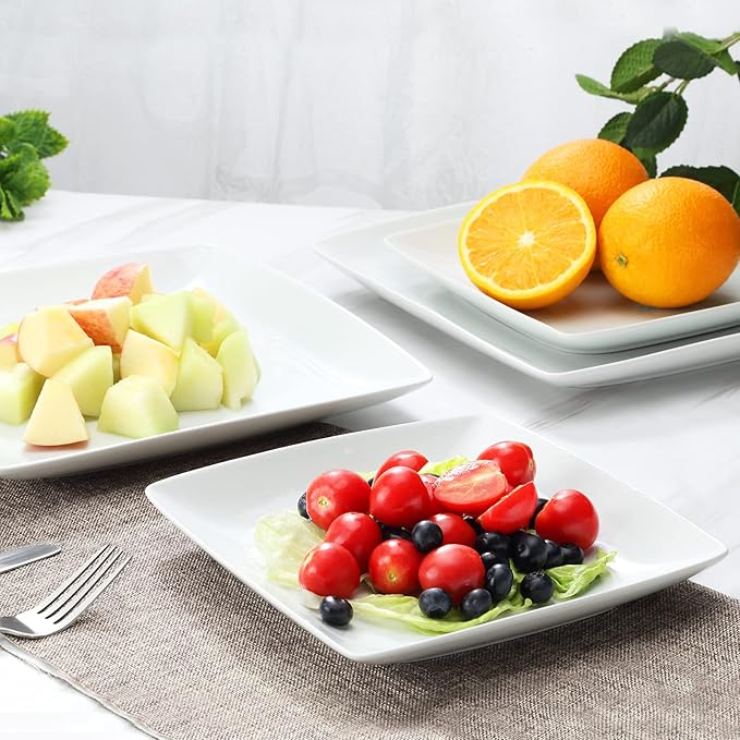 Square Porcelain Plates, 8.4 Inch Square Dinner Plates for Steak, Pasta, Salad, Snacks, Desserts, Appetizers, Set of 6, White