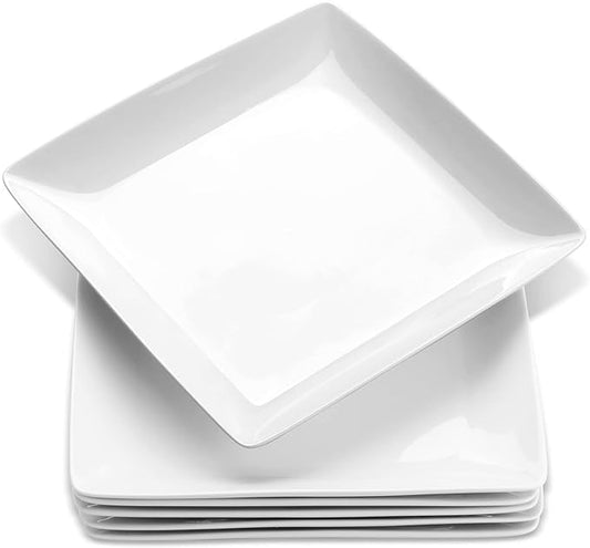 Square Porcelain Plates, 8.4 Inch Square Dinner Plates for Steak, Pasta, Salad, Snacks, Desserts, Appetizers, Set of 6, White