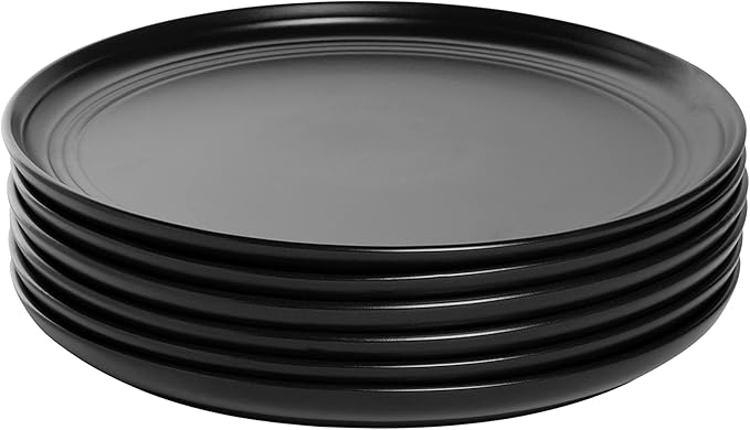 [Set of 6] 10.5-Inch Black Double-Rim Plastic Dinner Plates | Lightweight, Durable &amp; Stackable | Microwave &amp; Dishwasher Safe | Modern Minimalist Style