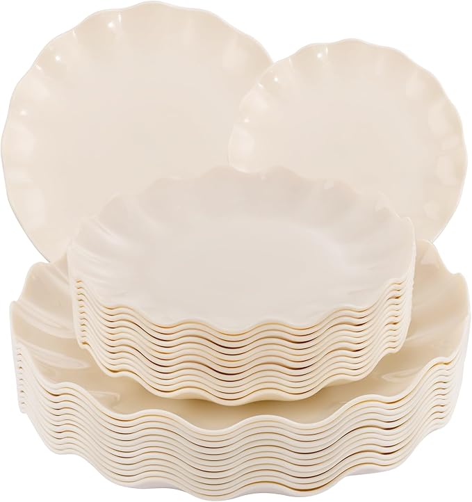 24-Piece Plastic Plates Reusable, Unbreakable Dinner Plates, Scalloped Plastic Plates, Dishwasher Safe, Ivory Plate Set Great for Parties, Birthdays, Picnics, BPA Free (Serves 12 Guests)