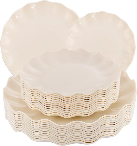 24-Piece Plastic Plates Reusable, Unbreakable Dinner Plates, Scalloped Plastic Plates, Dishwasher Safe, Ivory Plate Set Great for Parties, Birthdays, Picnics, BPA Free (Serves 12 Guests)