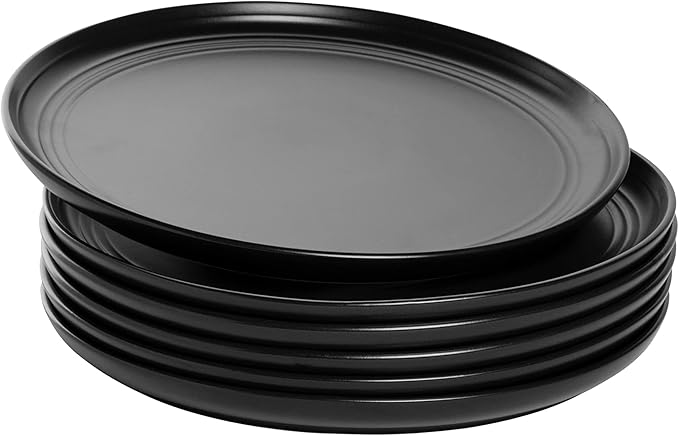[Set of 6] 10.5-Inch Black Double-Rim Plastic Dinner Plates | Lightweight, Durable &amp; Stackable | Microwave &amp; Dishwasher Safe | Modern Minimalist Style
