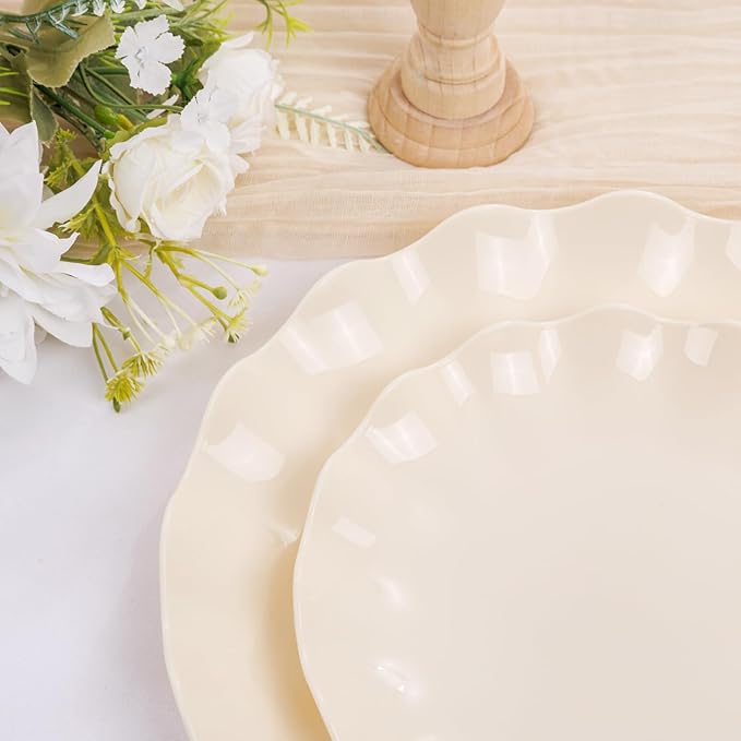 24-Piece Plastic Plates Reusable, Unbreakable Dinner Plates, Scalloped Plastic Plates, Dishwasher Safe, Ivory Plate Set Great for Parties, Birthdays, Picnics, BPA Free (Serves 12 Guests)