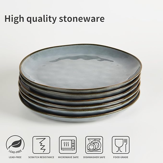 6-Piece Dinner Plate Set, 10.25-Inch Pasta Plates, Ocean Round Ceramic Dessert Plate Set, Kitchen Microwave and Dishwasher Safe, Scratch Resistant, Blue
