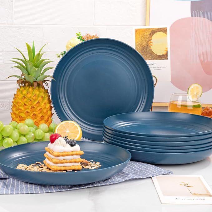 16 Piece Dark Blue Wheat Straw Plates, Deep Dinner Plate Set, Premium Reusable Plastic Plates, Unbreakable Party Plates, Dishwasher and Microwave Safe for Camping, Picnics