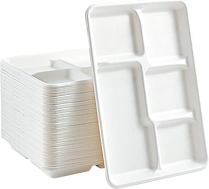 100% Compostable 5-Compartment Paper Plates, 100 Count, 12.5 x 8.6 Inch Disposable School Lunch Trays, Eco-Friendly Bagasse Plates for Buffets and Parties