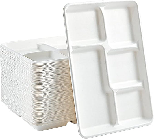 100% Compostable 5-Compartment Paper Plates, 100 Count, 12.5 x 8.6 Inch Disposable School Lunch Trays, Eco-Friendly Bagasse Plates for Buffets and Parties