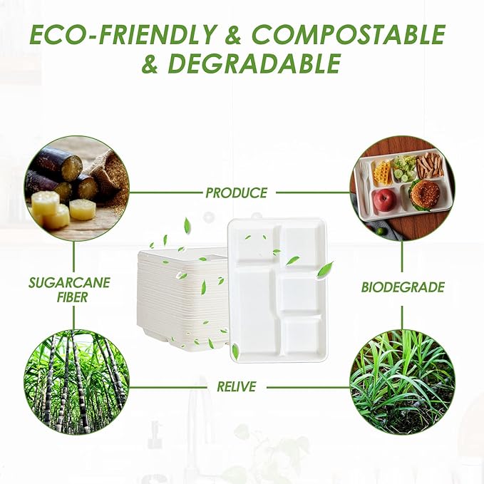 100% Compostable 5-Compartment Paper Plates, 100 Count, 12.5 x 8.6 Inch Disposable School Lunch Trays, Eco-Friendly Bagasse Plates for Buffets and Parties