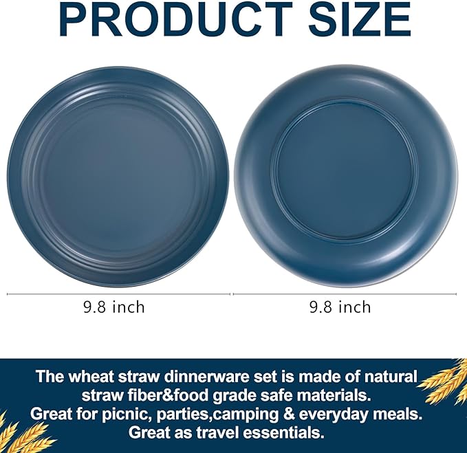 16 Piece Dark Blue Wheat Straw Plates, Deep Dinner Plate Set, Premium Reusable Plastic Plates, Unbreakable Party Plates, Dishwasher and Microwave Safe for Camping, Picnics