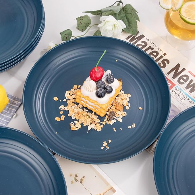 16 Piece Dark Blue Wheat Straw Plates, Deep Dinner Plate Set, Premium Reusable Plastic Plates, Unbreakable Party Plates, Dishwasher and Microwave Safe for Camping, Picnics