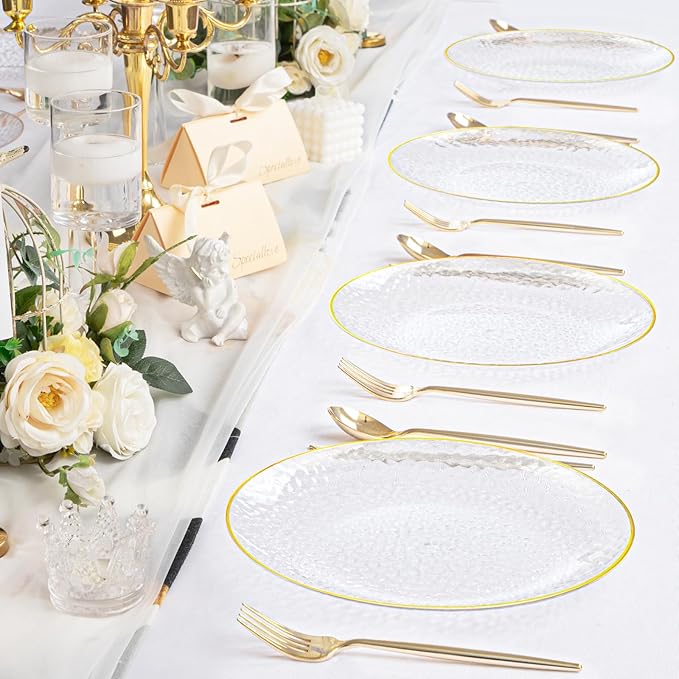 100 Piece Gold Plastic Plates - 10 Inch Clear Gold Dinner Plates - Hammered Design - Beautiful Disposable Plates - Heavy Duty Party Plates, Perfect for Weddings