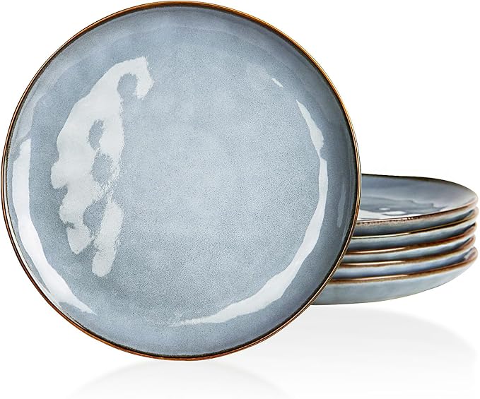 6-Piece Dinner Plate Set, 10.25-Inch Pasta Plates, Ocean Round Ceramic Dessert Plate Set, Kitchen Microwave and Dishwasher Safe, Scratch Resistant, Blue