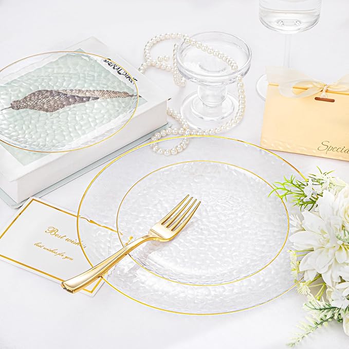 100 Piece Gold Plastic Plates - 10 Inch Clear Gold Dinner Plates - Hammered Design - Beautiful Disposable Plates - Heavy Duty Party Plates, Perfect for Weddings