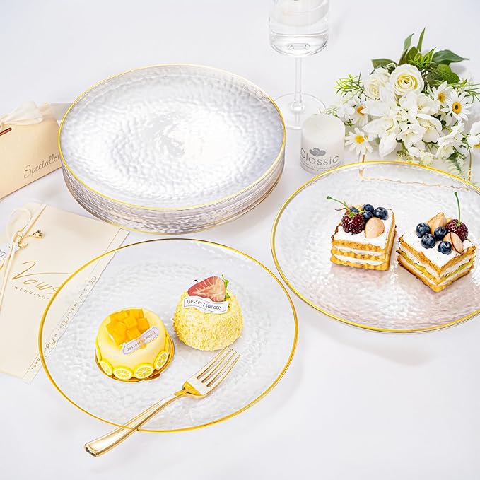 100 Piece Gold Plastic Plates - 10 Inch Clear Gold Dinner Plates - Hammered Design - Beautiful Disposable Plates - Heavy Duty Party Plates, Perfect for Weddings