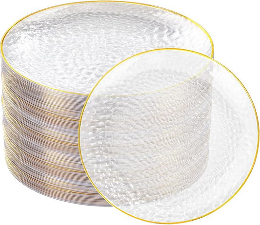100 Piece Gold Plastic Plates - 10 Inch Clear Gold Dinner Plates - Hammered Design - Beautiful Disposable Plates - Heavy Duty Party Plates, Perfect for Weddings