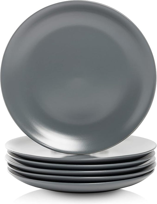 [Set of 6] 10-Inch Matte Gray Ceramic Dinner Plates | Modern Minimalist Stoneware | Microwave &amp; Dishwasher Safe | Elegant Tableware for Everyday Dining