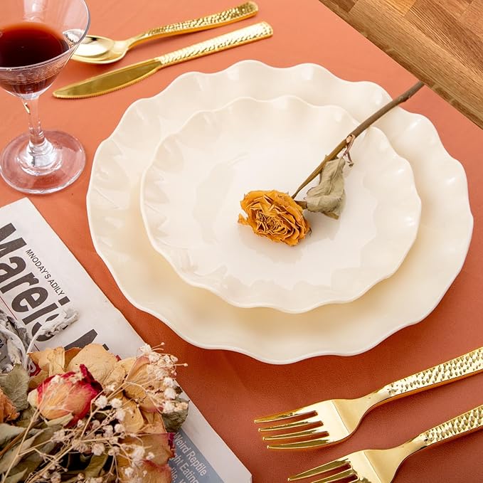 24-Piece Plastic Plates Reusable, Unbreakable Dinner Plates, Scalloped Plastic Plates, Dishwasher Safe, Ivory Plate Set Great for Parties, Birthdays, Picnics, BPA Free (Serves 12 Guests)