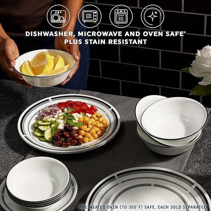 [Set of 6] 10-Inch Round Dinner Plates with Black &amp; White Rim Design | Elegant Plastic Plates | Microwave &amp; Dishwasher Safe | Reusable for Parties &amp; Everyday Use