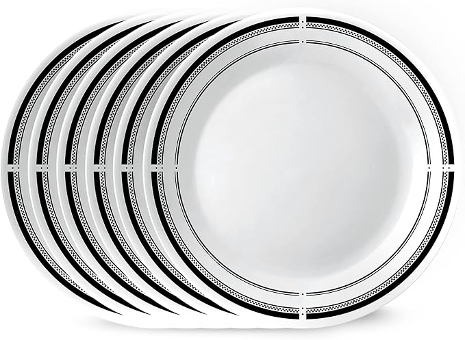 [Set of 6] 10-Inch Round Dinner Plates with Black &amp; White Rim Design | Elegant Plastic Plates | Microwave &amp; Dishwasher Safe | Reusable for Parties &amp; Everyday Use
