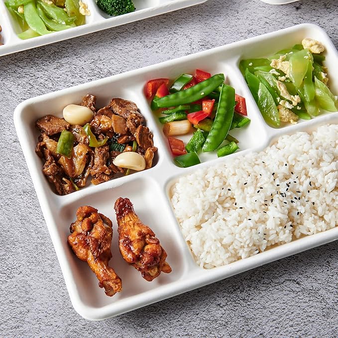 100% Compostable 5-Compartment Paper Plates, 100 Count, 12.5 x 8.6 Inch Disposable School Lunch Trays, Eco-Friendly Bagasse Plates for Buffets and Parties