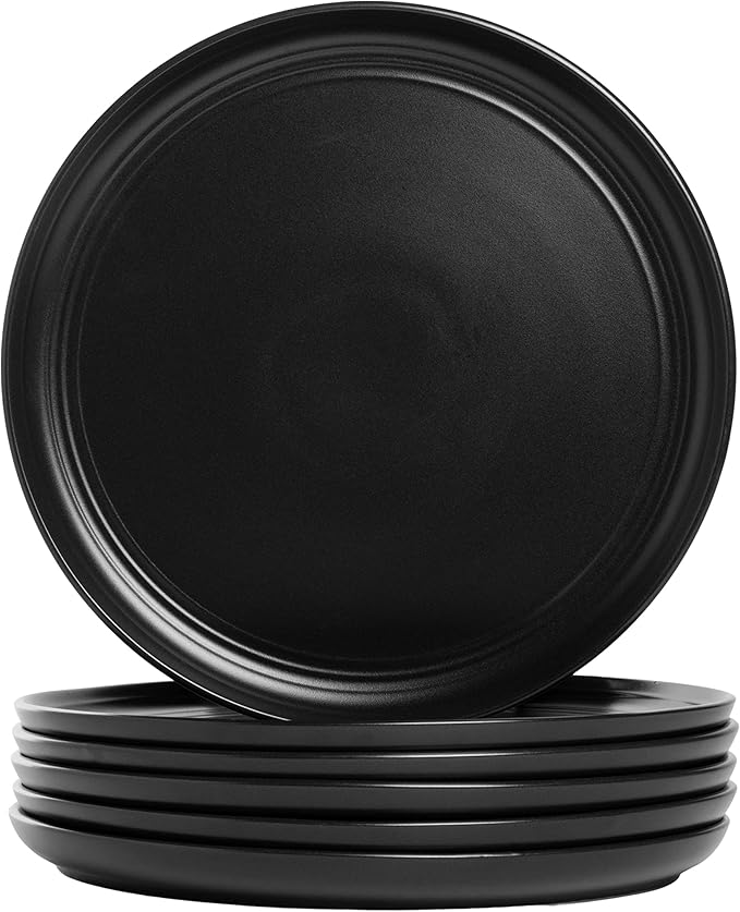 [Set of 6] 10.5-Inch Black Double-Rim Plastic Dinner Plates | Lightweight, Durable &amp; Stackable | Microwave &amp; Dishwasher Safe | Modern Minimalist Style