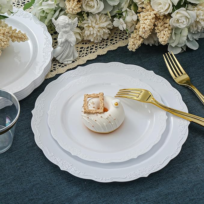 100 Pieces White Plastic Plates - 10.25inch Dinner Disposable Plates - Premium Heavy Duty Hard Disposable Dinner Plates - Party Supplies for Birthdays, Celebrations, Wedding