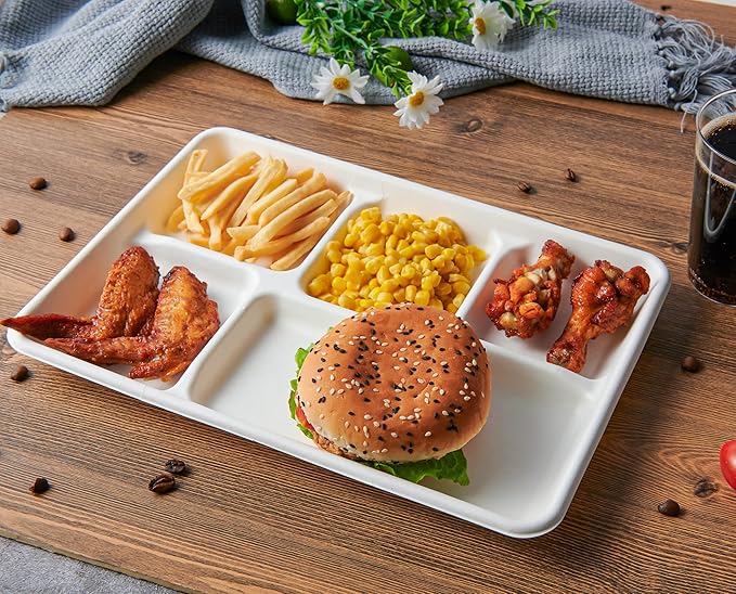 100% Compostable 5-Compartment Paper Plates, 100 Count, 12.5 x 8.6 Inch Disposable School Lunch Trays, Eco-Friendly Bagasse Plates for Buffets and Parties