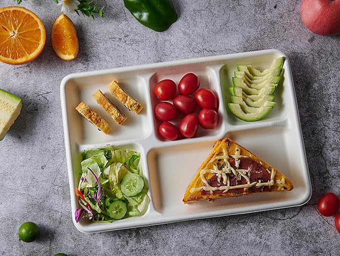 100% Compostable 5-Compartment Paper Plates, 100 Count, 12.5 x 8.6 Inch Disposable School Lunch Trays, Eco-Friendly Bagasse Plates for Buffets and Parties