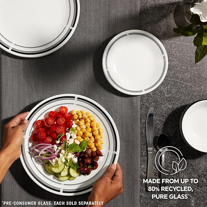 [Set of 6] 10-Inch Round Dinner Plates with Black &amp; White Rim Design | Elegant Plastic Plates | Microwave &amp; Dishwasher Safe | Reusable for Parties &amp; Everyday Use
