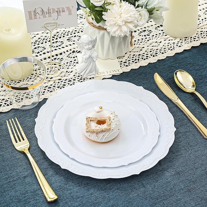 100 Pieces White Plastic Plates - 10.25inch Dinner Disposable Plates - Premium Heavy Duty Hard Disposable Dinner Plates - Party Supplies for Birthdays, Celebrations, Wedding